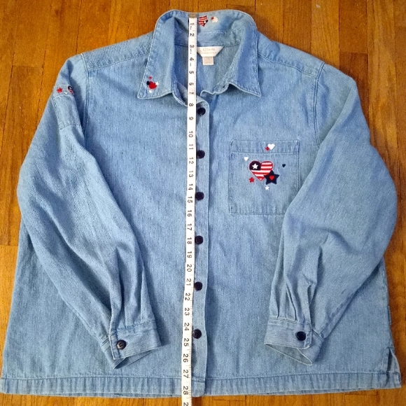 CHRISTOPHER & BANKS - Patriotic Embroidered Denim Light Wash Button Up Jacket - Picture 3 of 13
